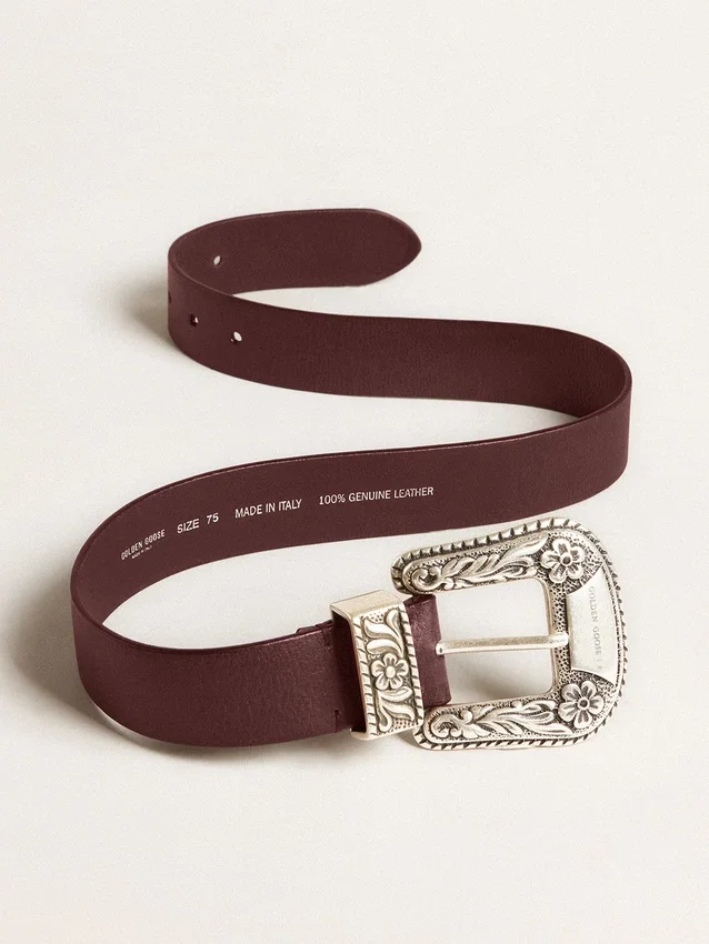 Cintura da donna in pelle bordeaux con fibbia decorata in argento