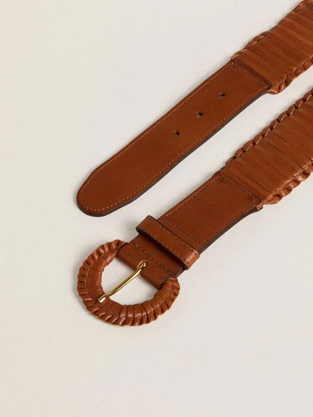 Cintura da donna in pelle intrecciata marrone