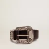 Cintura da donna in pelle nera con fibbia decorata in argento