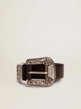 Cintura da donna in pelle nera con fibbia decorata in argento