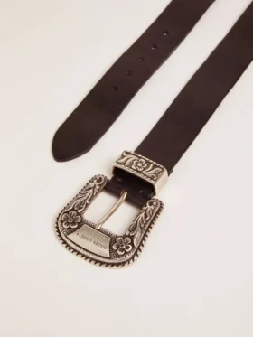 Cintura da donna in pelle nera con fibbia decorata in argento