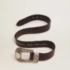 Cintura da donna in pelle nera con fibbia decorata in argento