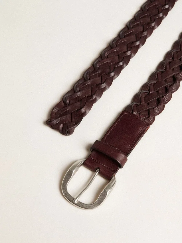 Cintura da uomo in pelle intrecciata marrone scuro