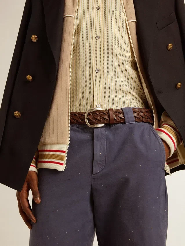 Cintura da uomo in pelle intrecciata marrone scuro