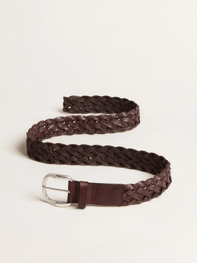 Cintura da uomo in pelle intrecciata marrone scuro