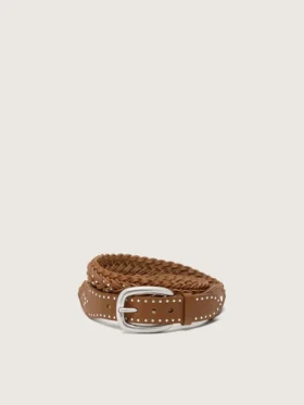 Cintura Houston in pelle intrecciata color kaki con borchie argentate