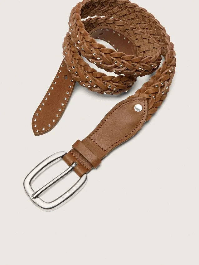 Cintura Houston in pelle intrecciata color kaki con borchie argentate
