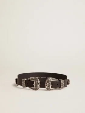 Cintura nera in pelle lavata con doppia fibbia color argento
