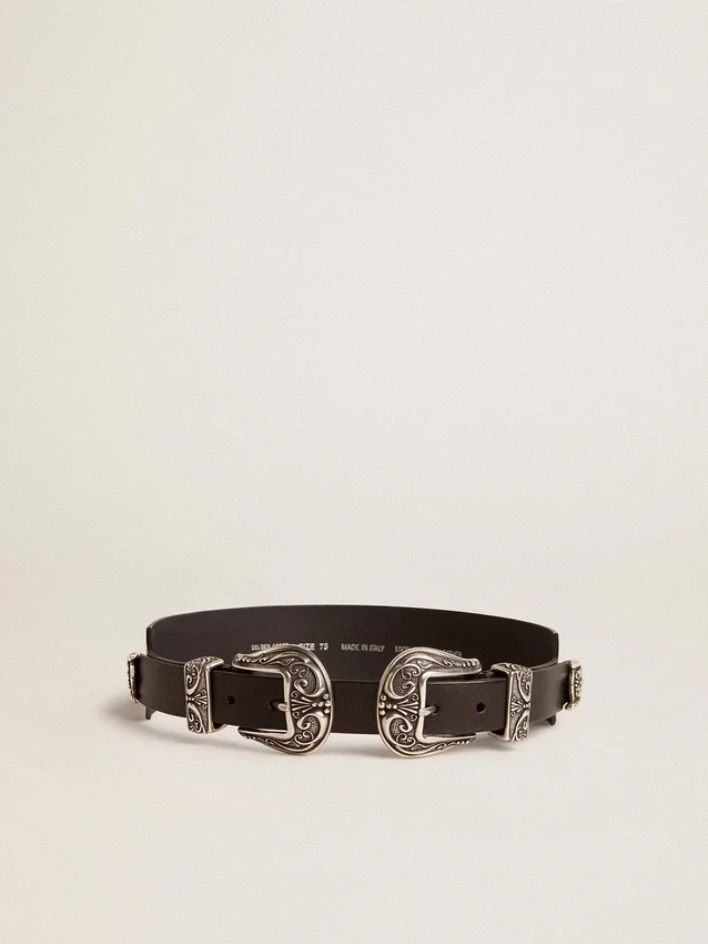 Cintura nera in pelle lavata con doppia fibbia color argento