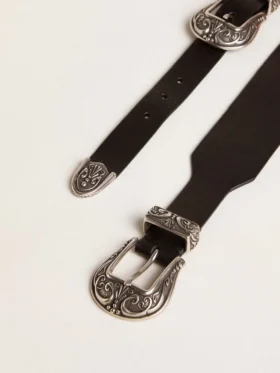 Cintura nera in pelle lavata con doppia fibbia color argento