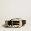 Cintura nera in pelle lavata con fibbia color argento