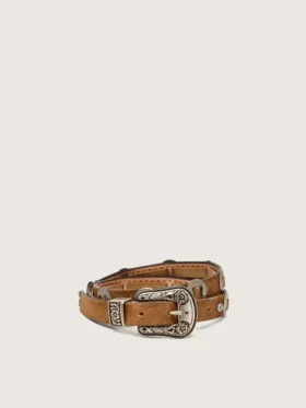Cintura sottile in pizzo di nabuk color nocciola con intarsi decorativi