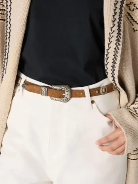 Cintura sottile in pizzo di nabuk color nocciola con intarsi decorativi
