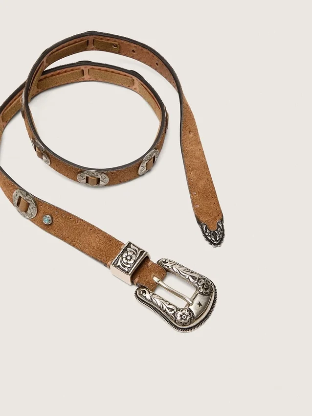 Cintura sottile in pizzo di nabuk color nocciola con intarsi decorativi