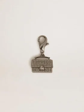 Ciondolo a forma di borsetta in ottone color argento con cristalli