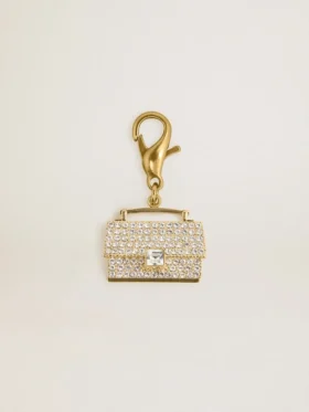 Ciondolo a forma di borsetta in ottone color oro con cristalli
