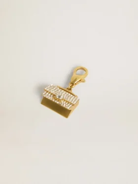 Ciondolo a forma di borsetta in ottone color oro con cristalli