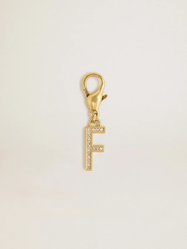 Ciondolo a forma di lettera F in ottone color oro con cristalli