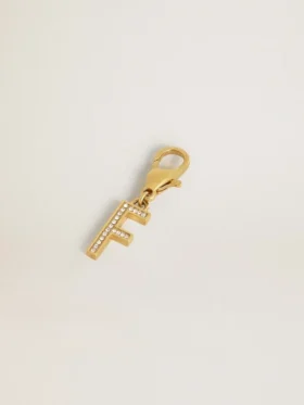 Ciondolo a forma di lettera F in ottone color oro con cristalli