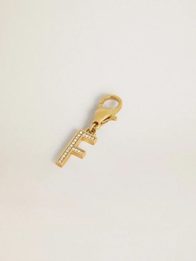 Ciondolo a forma di lettera F in ottone color oro con cristalli