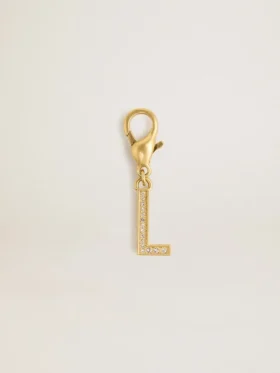Ciondolo a forma di lettera L in ottone color oro con cristalli