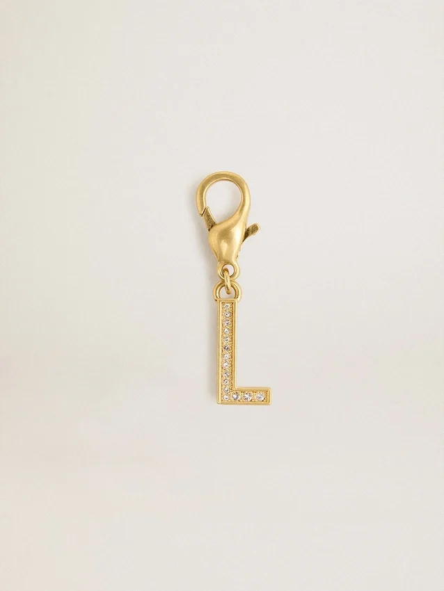 Ciondolo a forma di lettera L in ottone color oro con cristalli