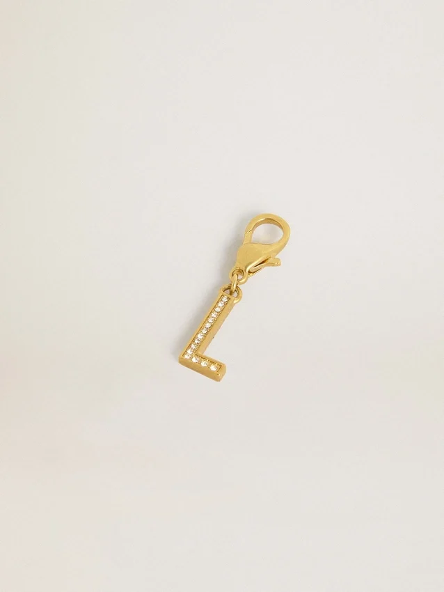 Ciondolo a forma di lettera L in ottone color oro con cristalli