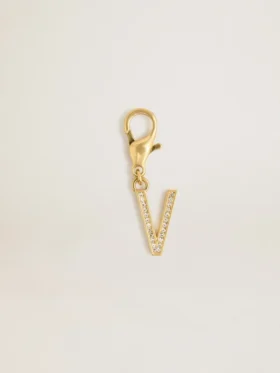 Ciondolo a forma di lettera V in ottone dorato con cristalli
