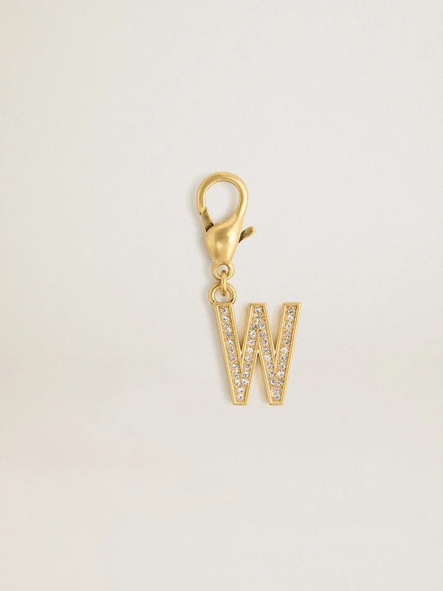 Ciondolo a forma di lettera W in ottone color oro con cristalli