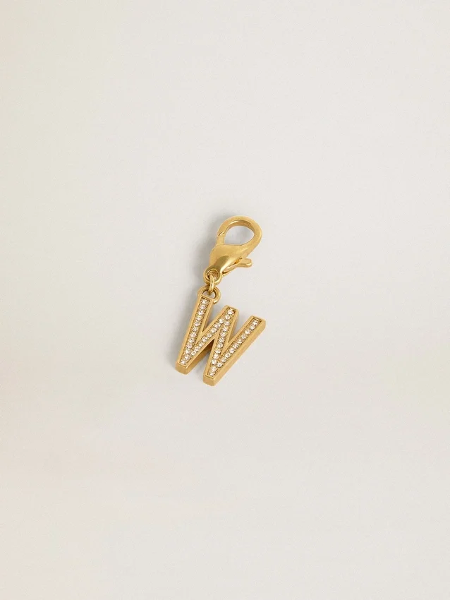Ciondolo a forma di lettera W in ottone color oro con cristalli