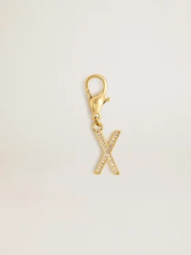 Ciondolo a forma di lettera X in ottone dorato con cristalli