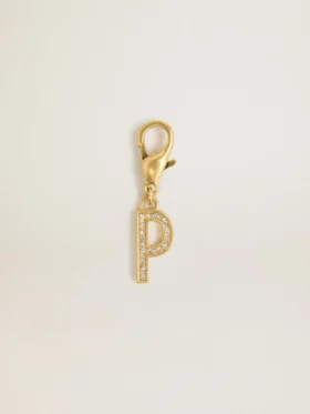 Ciondolo con la lettera P in ottone color oro con cristalli