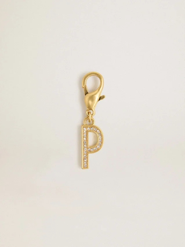 Ciondolo con la lettera P in ottone color oro con cristalli