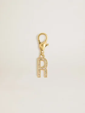 Ciondolo con la lettera R in ottone dorato con cristalli