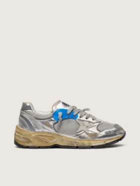 Dad-Star da uomo in pelle laminata argento e mesh con stella in pelle bianca e linguetta sul tallone argentata