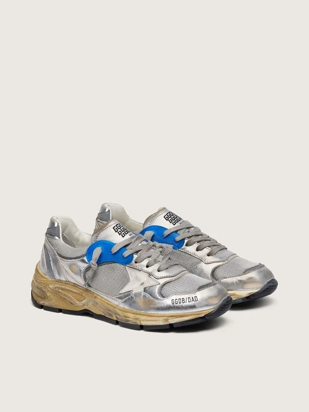 Dad-Star da uomo in pelle laminata argento e mesh con stella in pelle bianca e linguetta sul tallone argentata