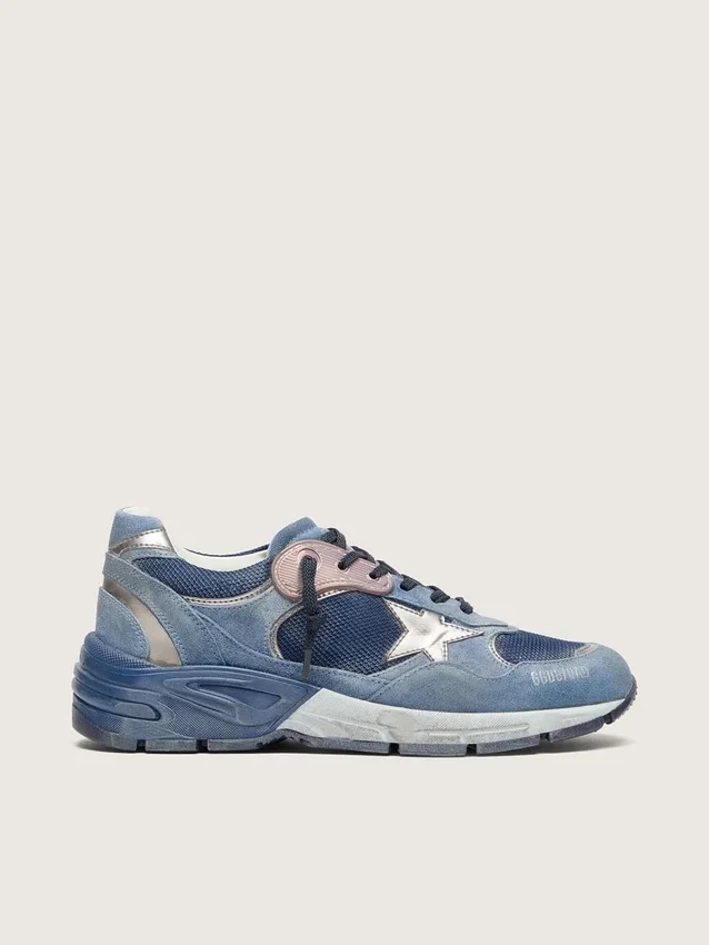 Dad-Star da donna in pelle scamosciata blu denim con stella in pelle argentata