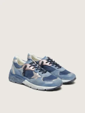 Dad-Star da donna in pelle scamosciata blu denim con stella in pelle argentata