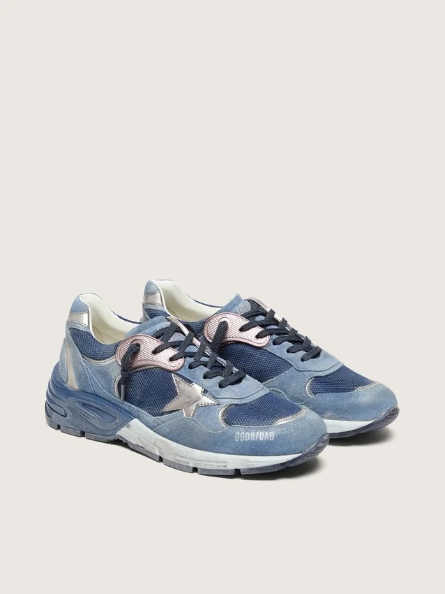 Dad-Star da donna in pelle scamosciata blu denim con stella in pelle argentata