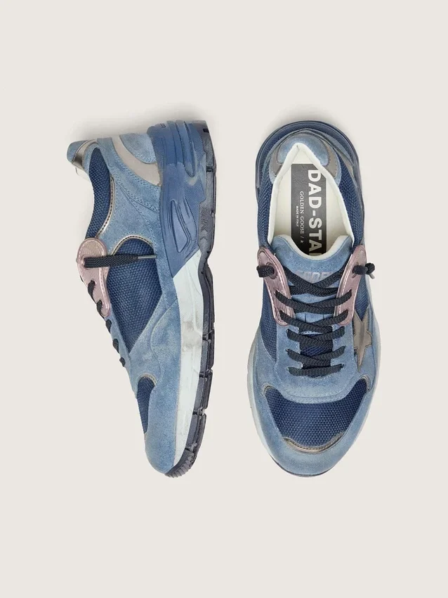Dad-Star da donna in pelle scamosciata blu denim con stella in pelle argentata