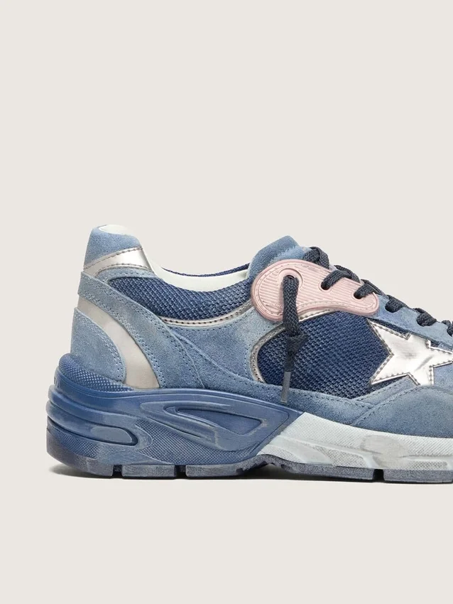 Dad-Star da donna in pelle scamosciata blu denim con stella in pelle argentata