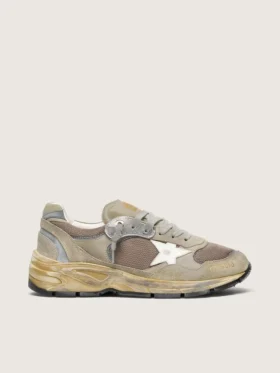 Dad-Star da donna in pelle scamosciata grigio tortora e rete argentata con stella in pelle bianca e linguetta sul tallone in pelle scamosciata