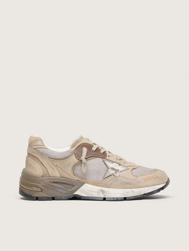 Dad-Star da uomo in rete beige e pelle scamosciata con stella in pelle argentata