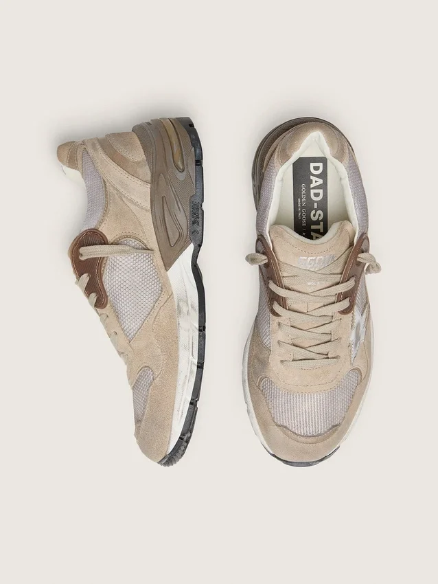 Dad-Star da uomo in rete beige e pelle scamosciata con stella in pelle argentata