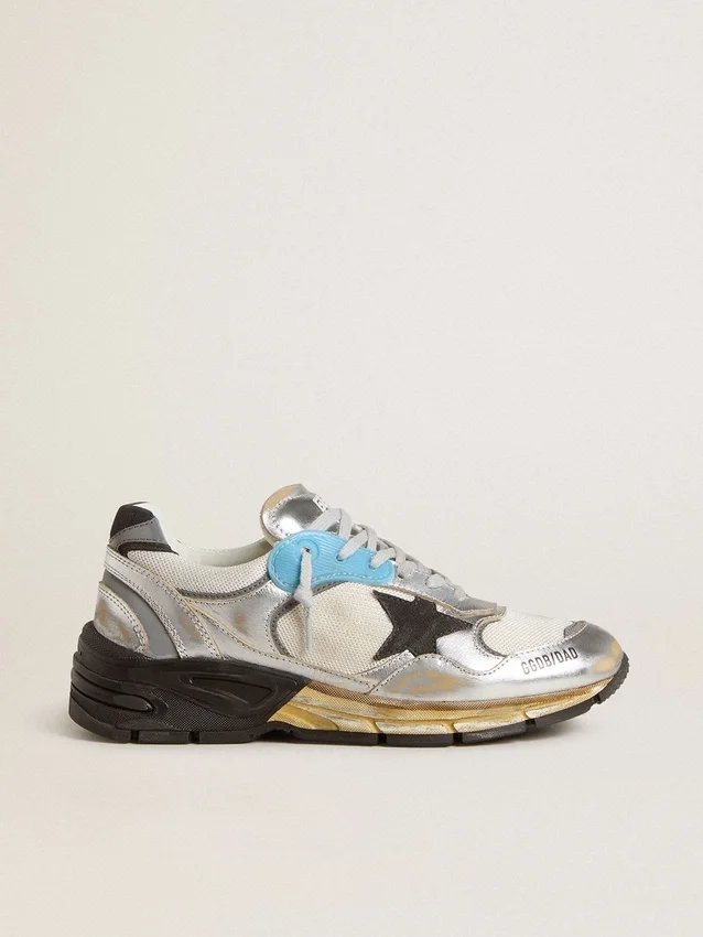 Dad-Star da donna in rete e pelle con lamina argentata con stella in pelle scamosciata nera