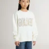 Felpa bianca da bambina con scritta dorata multicolore sul davanti