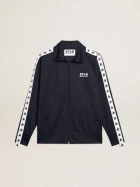 Felpa blu scuro con zip, striscia bianca e stelle a contrasto