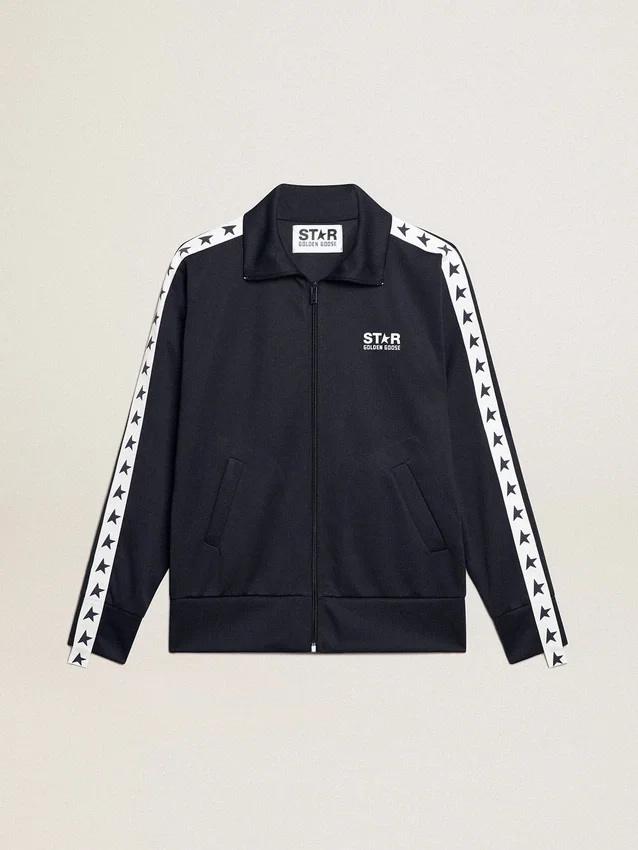 Felpa blu scuro con zip, striscia bianca e stelle a contrasto