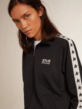 Felpa blu scuro con zip, striscia bianca e stelle a contrasto