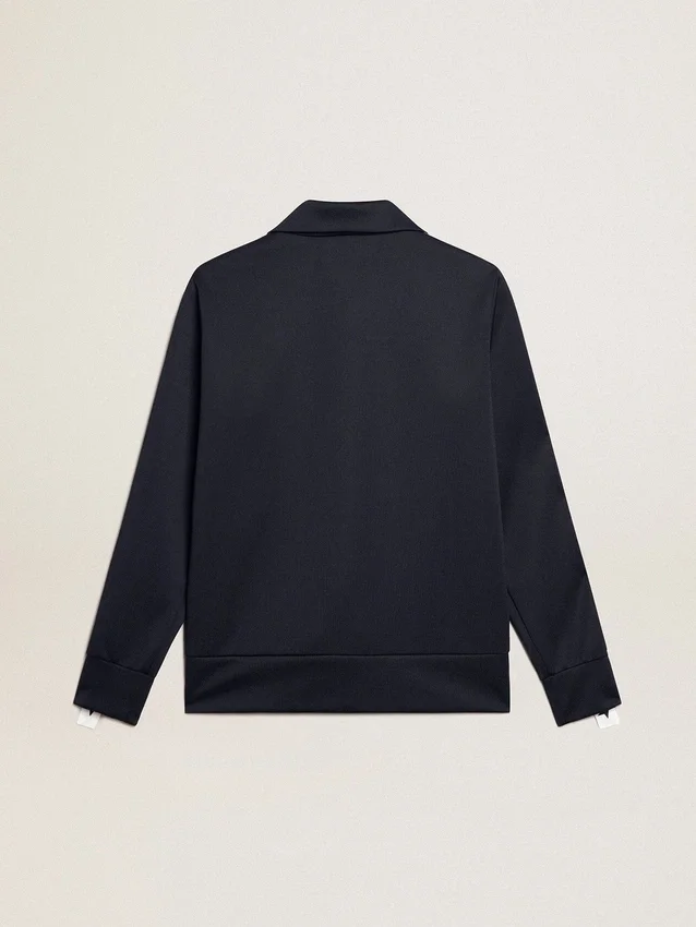 Felpa blu scuro con zip, striscia bianca e stelle a contrasto